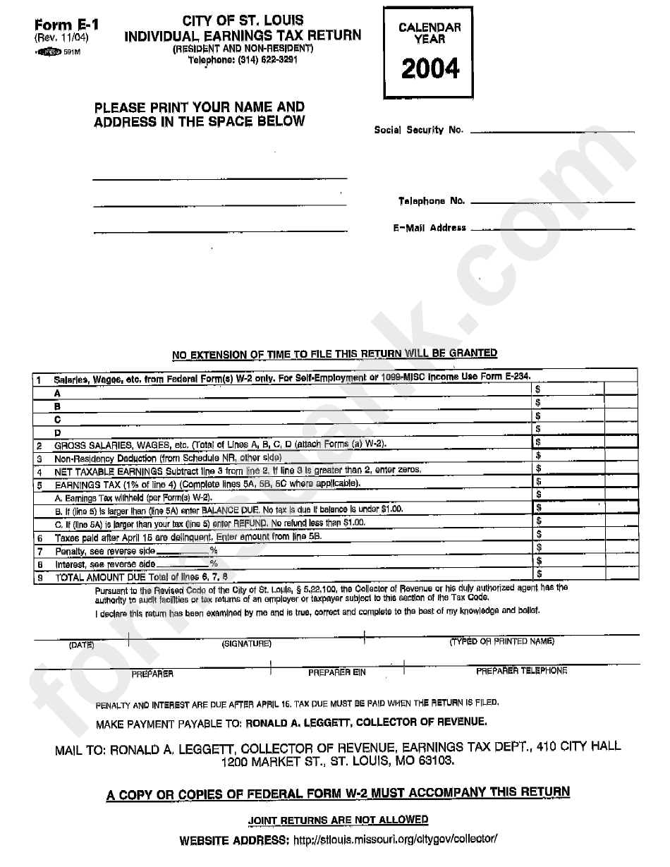 Form E1 Individual Earnings Tax Return City Of St.louis, Missouri