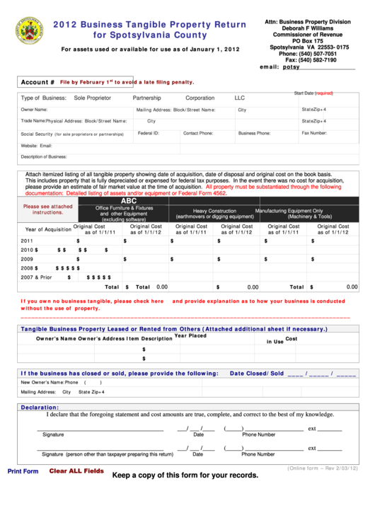 Fillable 2012 Business Tangible Property Return Form For Spotsylvania