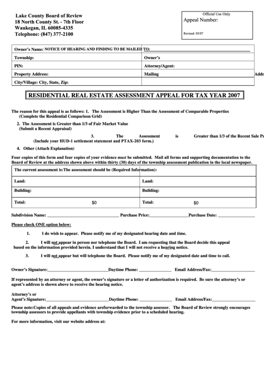 Fillable Residential Real Estate Assessment Appeal For Tax Year 2007