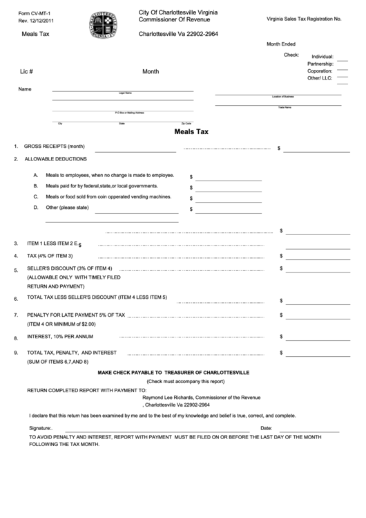 Form CvMt1 Meals Tax City Of Charlottesville Virginia printable