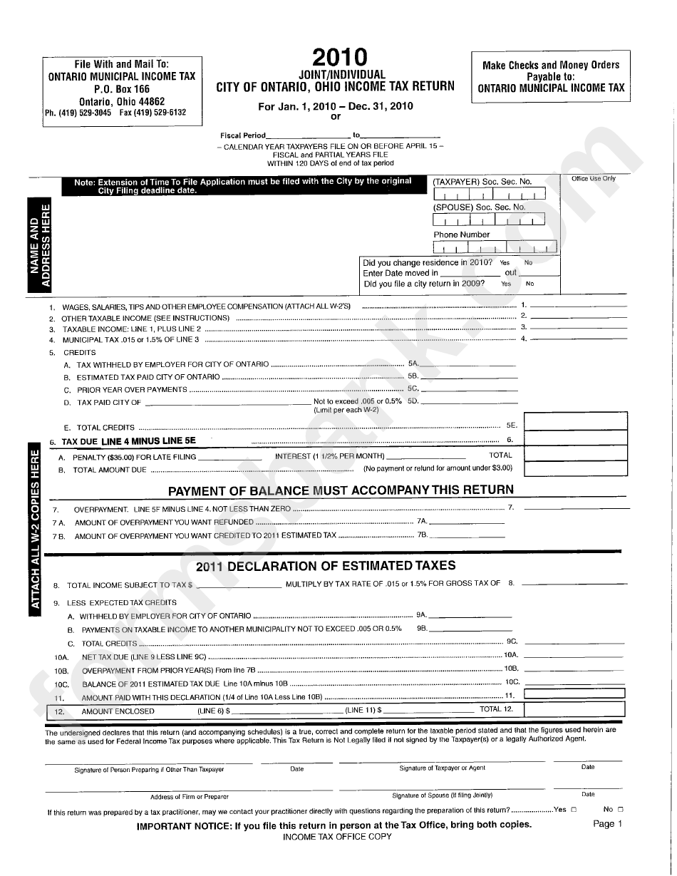 Tax Return Form City Of Ontario 2010 printable pdf download