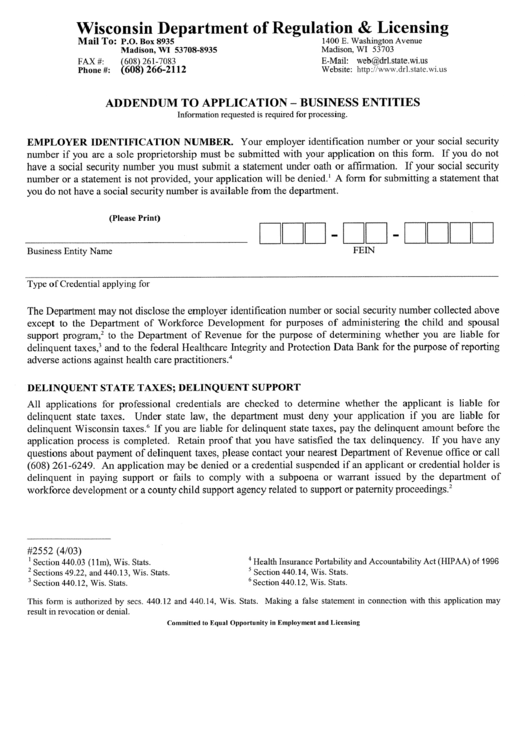 Addendum To Application Form Business Entities Wisconsin Department