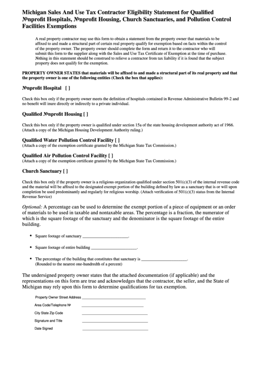 Michigan Sales And Use Tax Contractor Eligibility Statement Form For