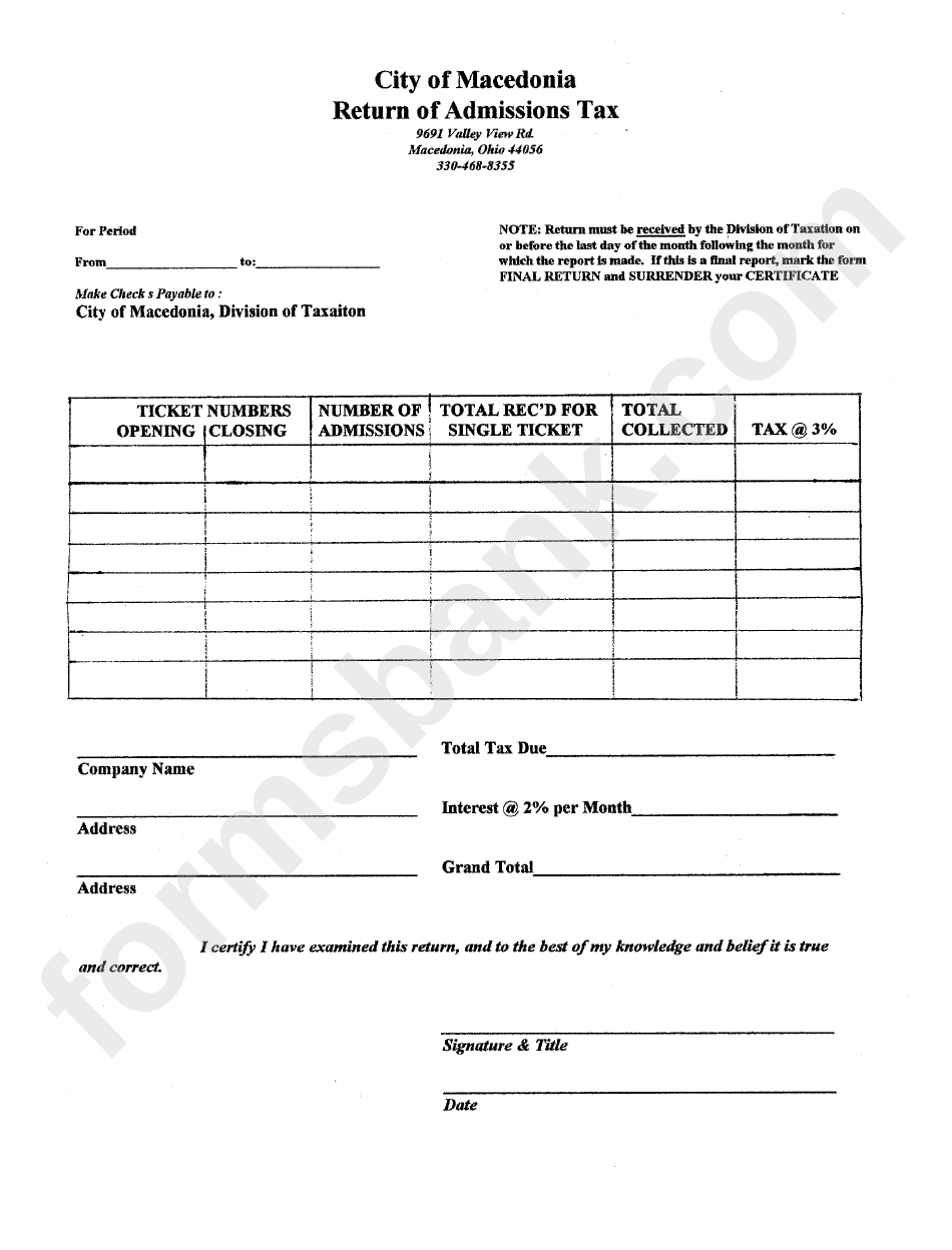 Return Of Admission Tax City Of Macedonia Ohio printable pdf download