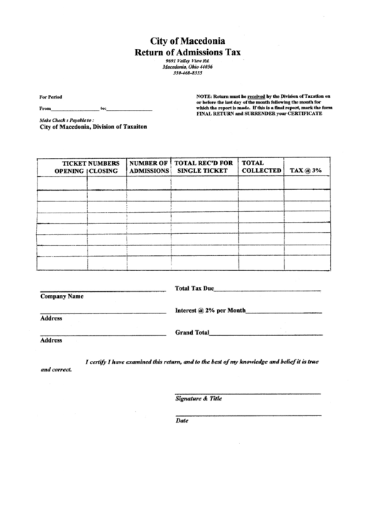Return Of Admission Tax City Of Macedonia Ohio printable pdf download