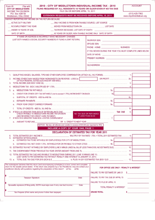 Form Ir Individual Tax City Of Middletown 2010 printable