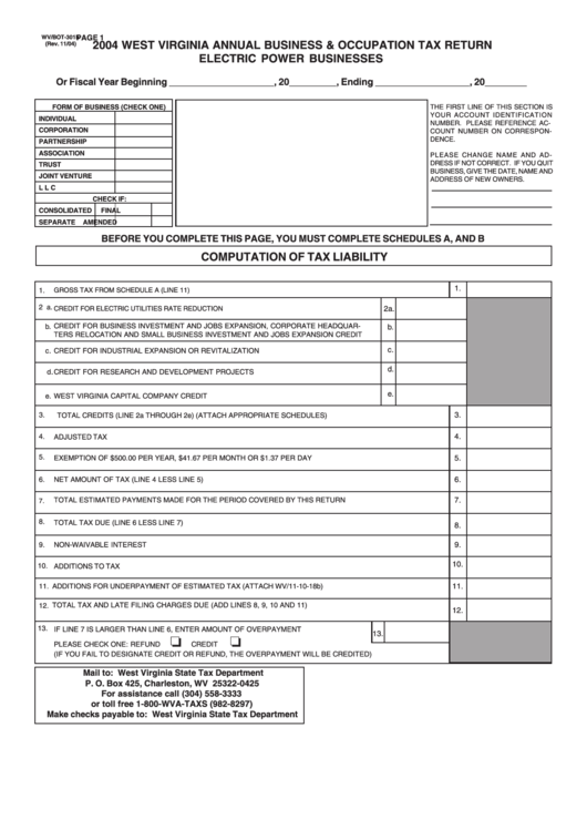 Form Wv/bot301e 2004 West Virginia Annual Business & Occupation Tax