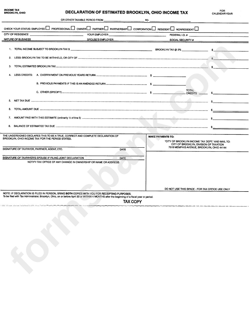 Declaration Of Estimated Brooklin Ohio Tax printable pdf download