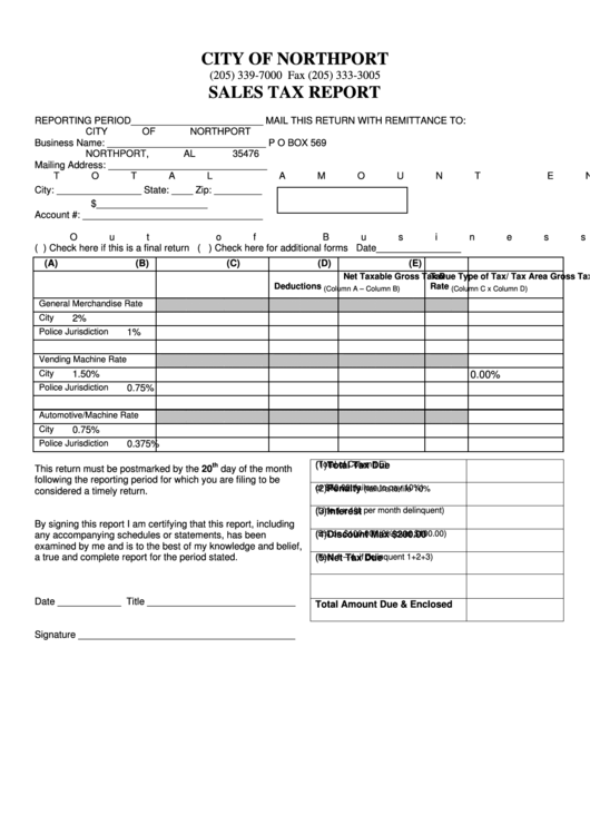 Fillable Sales Tax Report Form City Of Northport printable pdf download