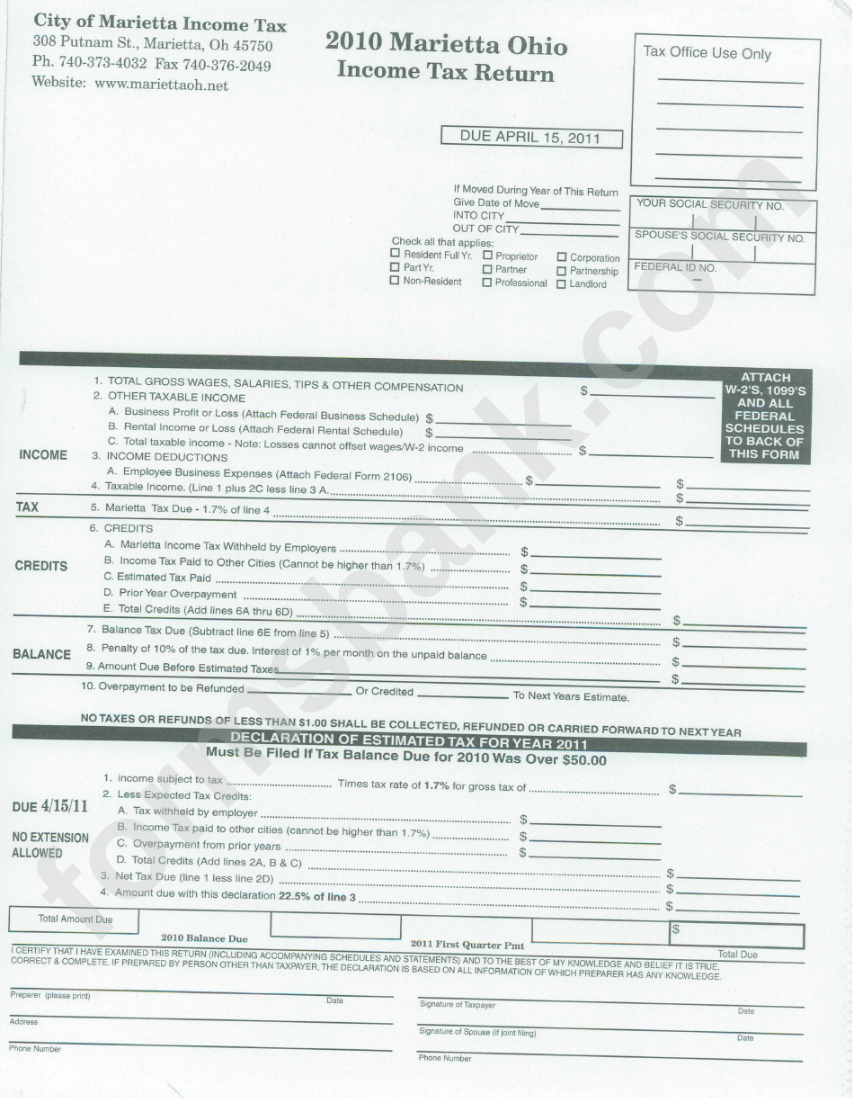 Tax Return Form City Of Marietta 2010 printable pdf download