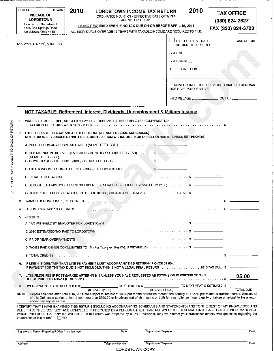 Form Ir Tax Return Village Of Lordstown 2010 printable pdf