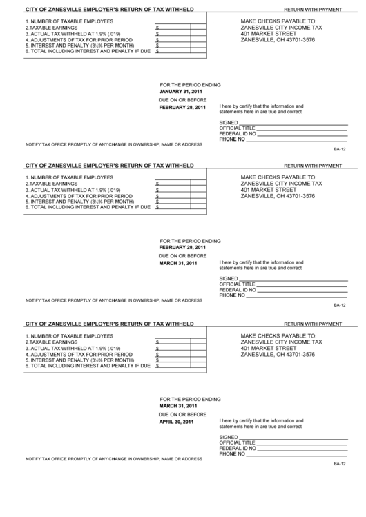 City Of Zanesville Employer'S Return Of Tax Withheld 2011 printable