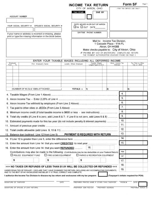Form Sf Tax Return City Of Akron,ohio printable pdf download