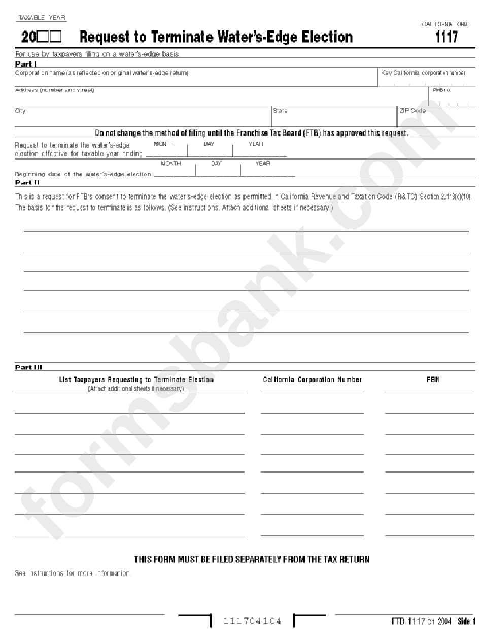Form 1117 Request To Terminate Water'SEdge Election 2004 printable
