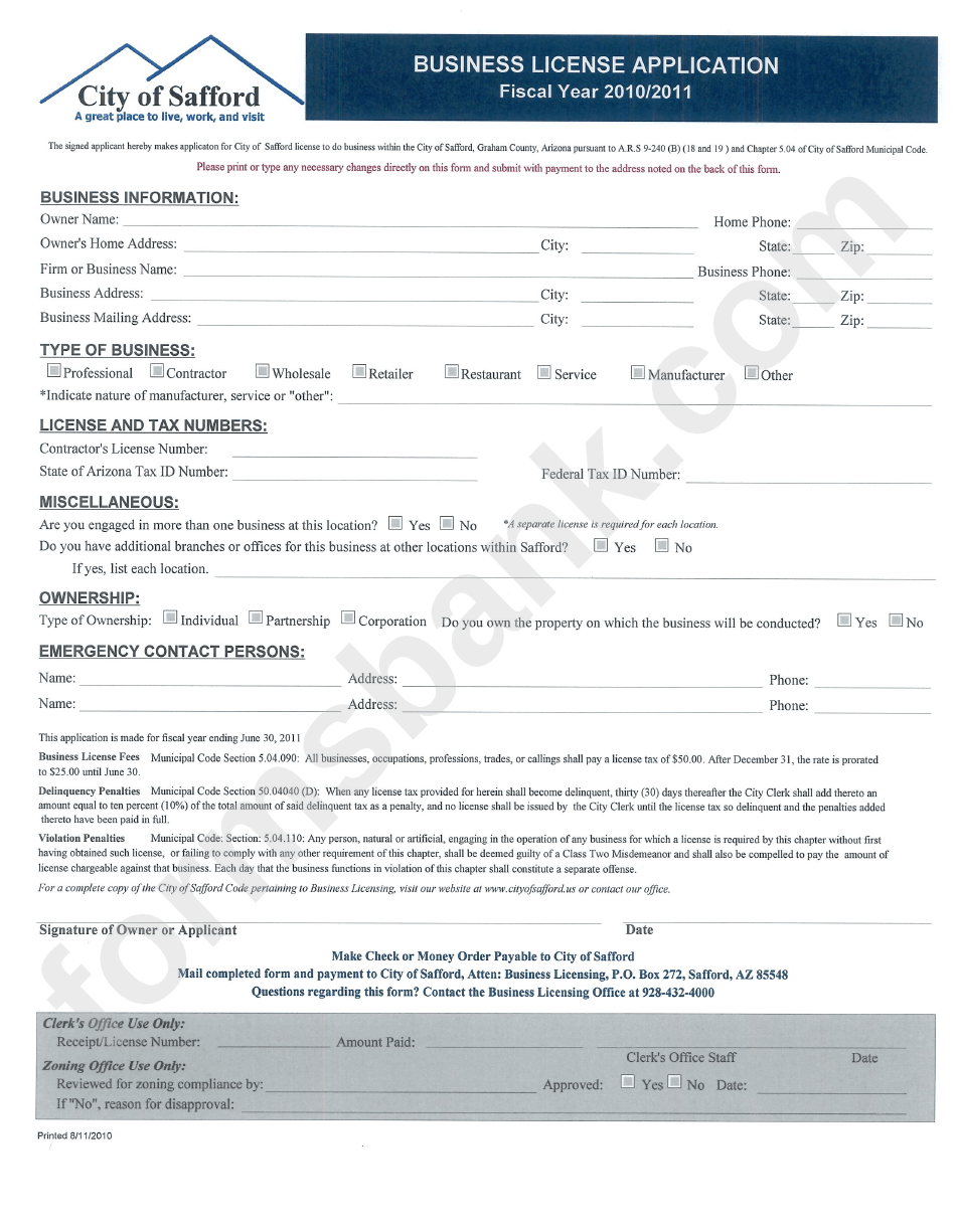 Business License Application 2010/2011 City Of Safford printable