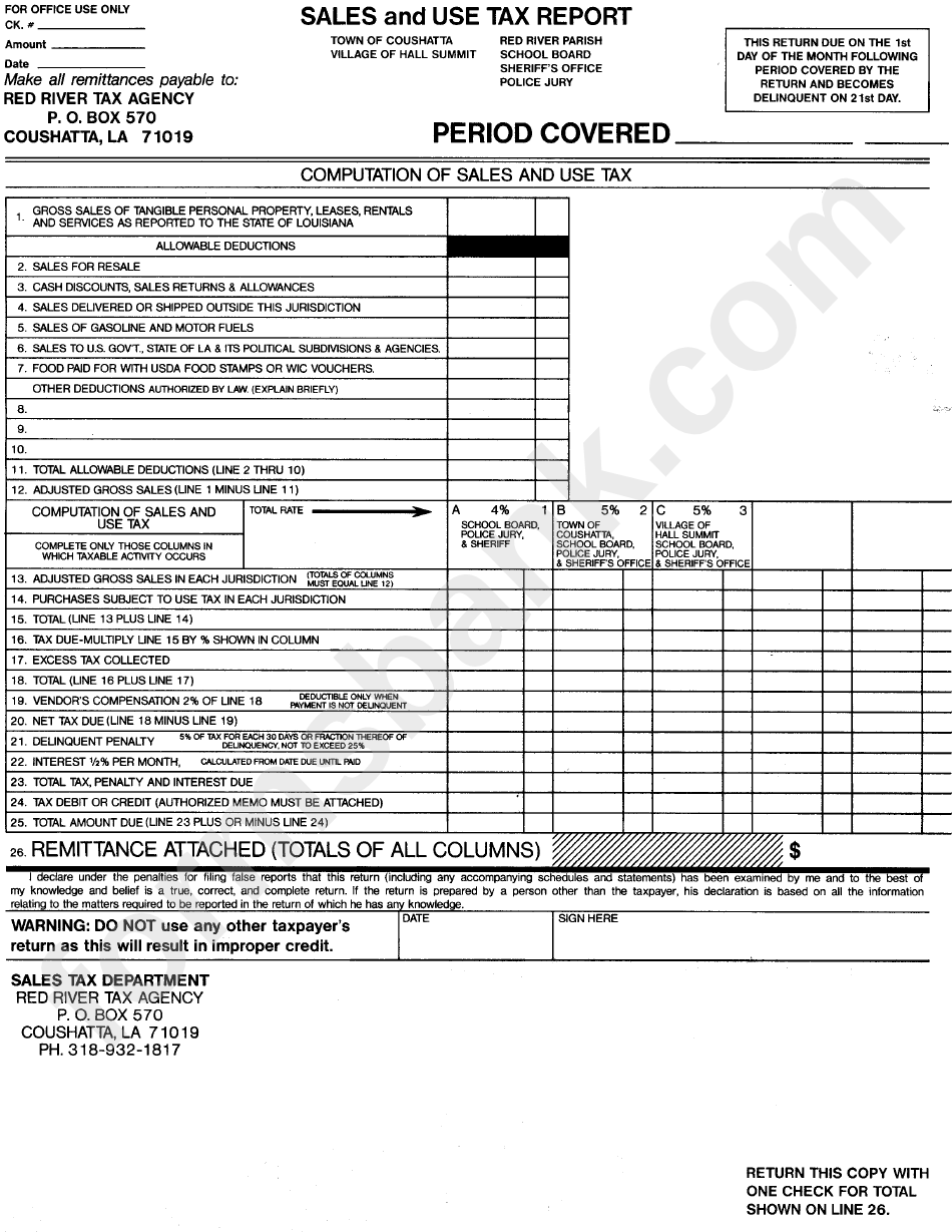 Sales And Use Tax Teport Town Of Coushatta printable pdf download