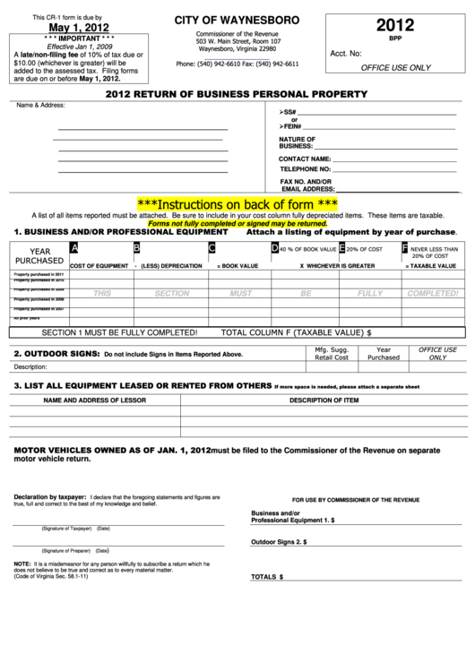 Form Cr1 Return Of Business Personal Property Waynesboro