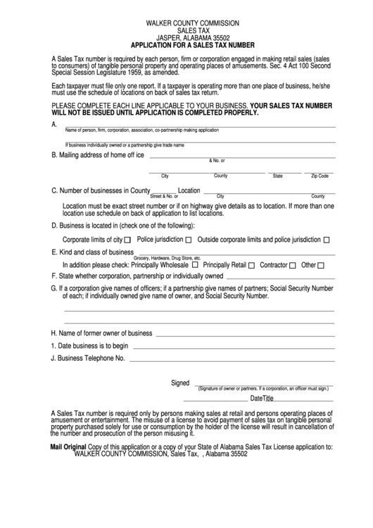 Fillable Application For A Sales Tax Number Walker County printable