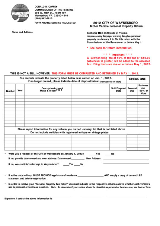 Motor Vehicle Personal Property Return Form City Of Waynesboro 2012