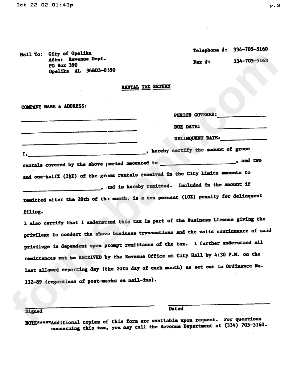 Rental Tax Return Form City Of Opelika printable pdf download