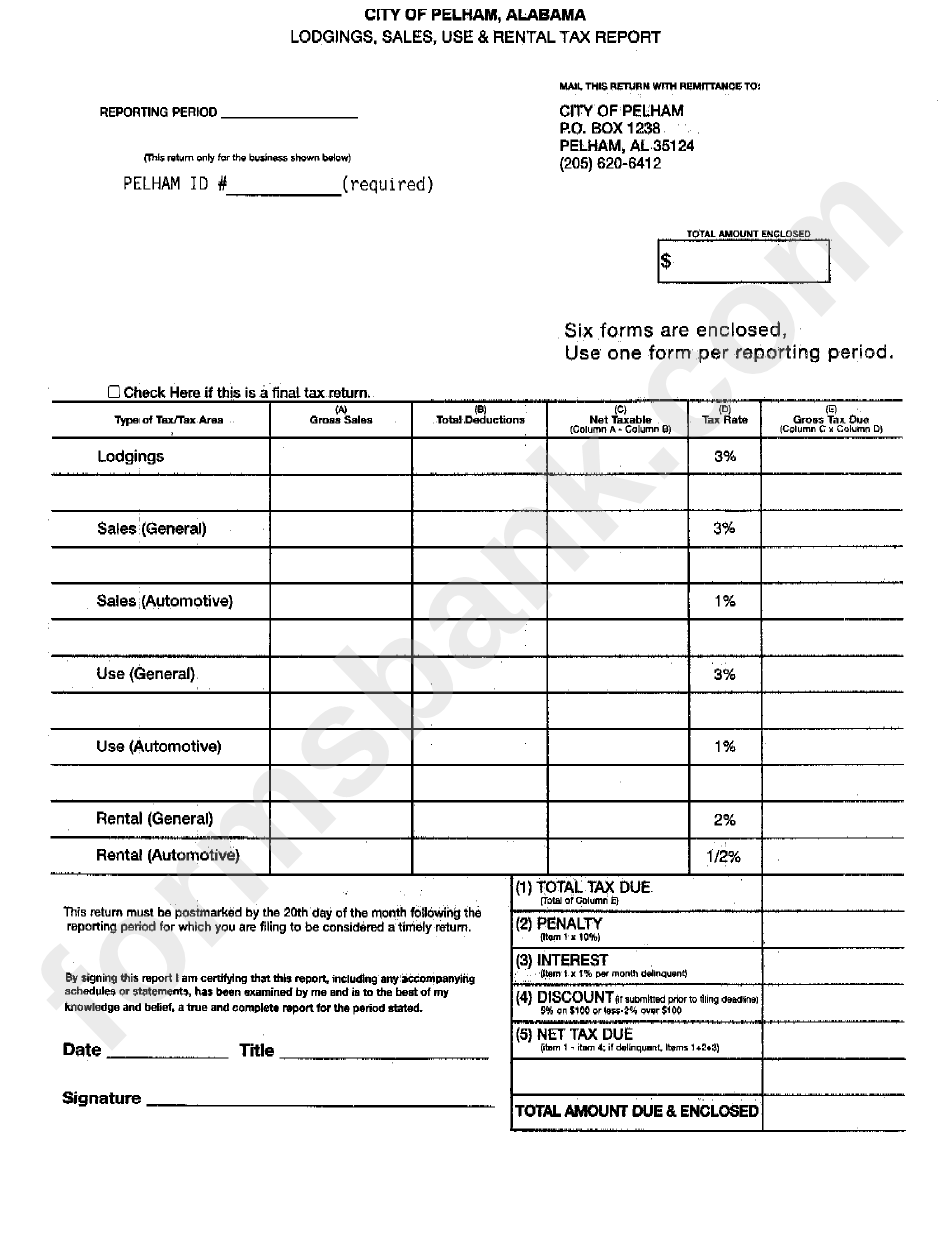 Lodgings, Sales, Use And Rental Tax Report Form City Of Pelham