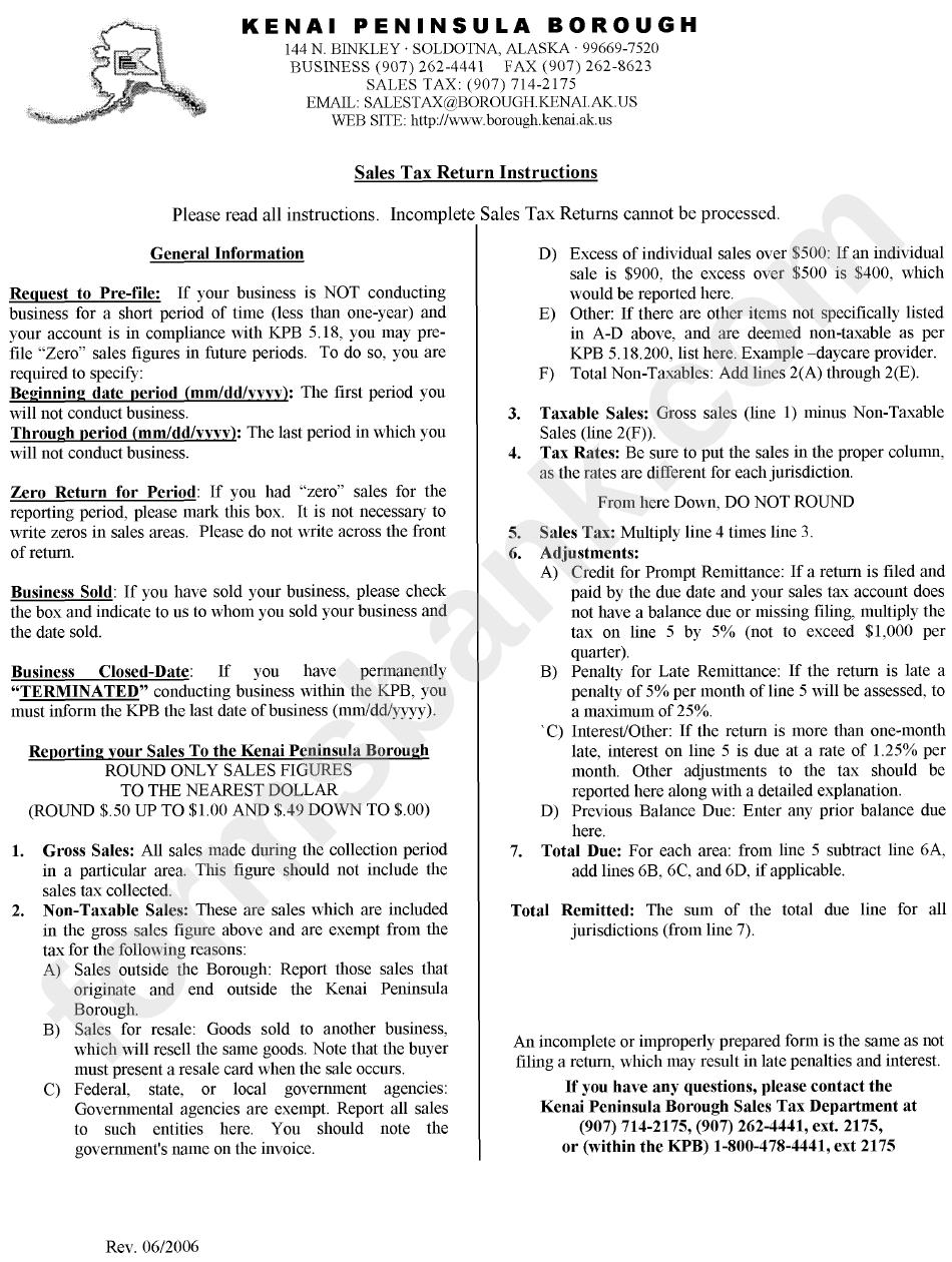 Sales Tax Return Instructions State Of Alaska printable pdf download