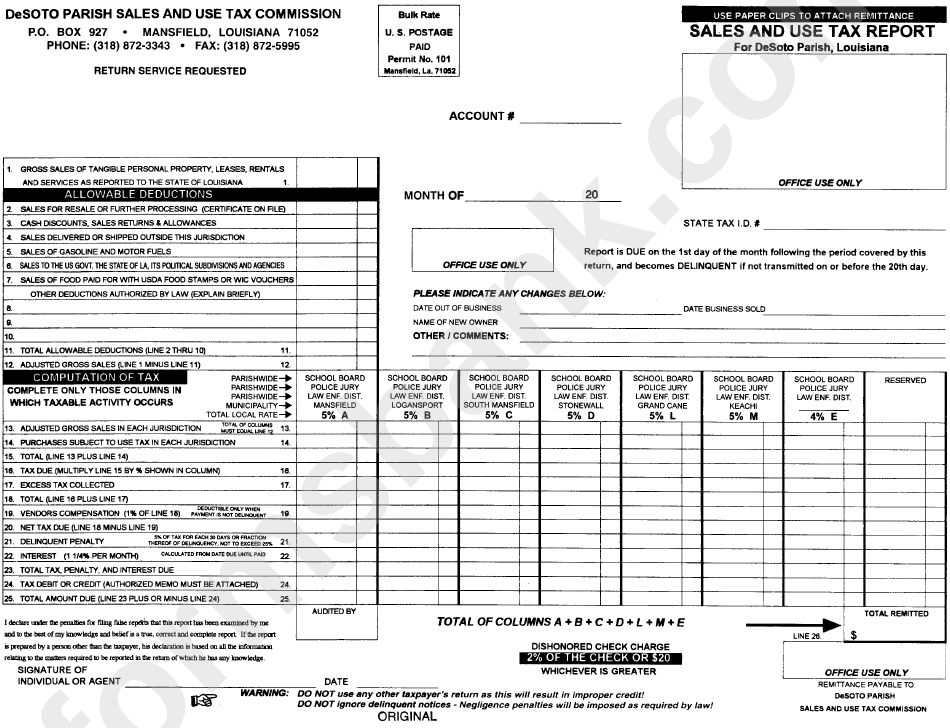 Sales And Use Tax Report Form Desoto Parish printable pdf download