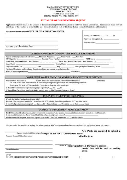Fillable Form Mt07 Initial Oil Or Gas Exemption Request printable