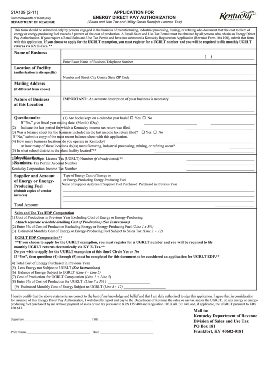 Form 51a109 Application For Energy Direct Pay Authorization printable