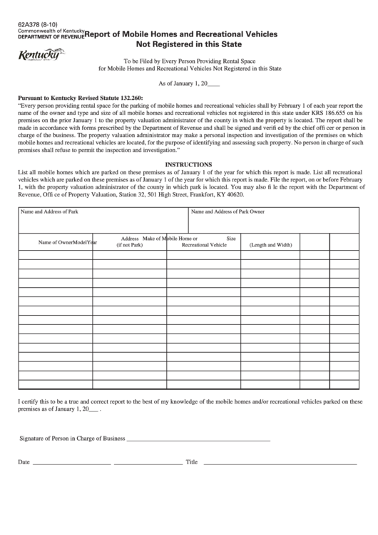 Form 62a378 Report Of Mobile Homes And Recreational Vehicles Not