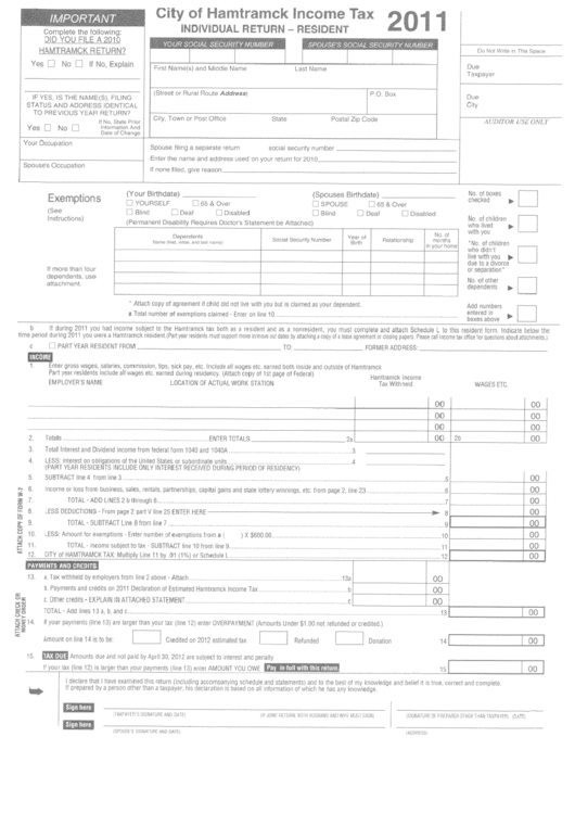Individual ReturnResident Form City Of Hamtramck 2011 printable