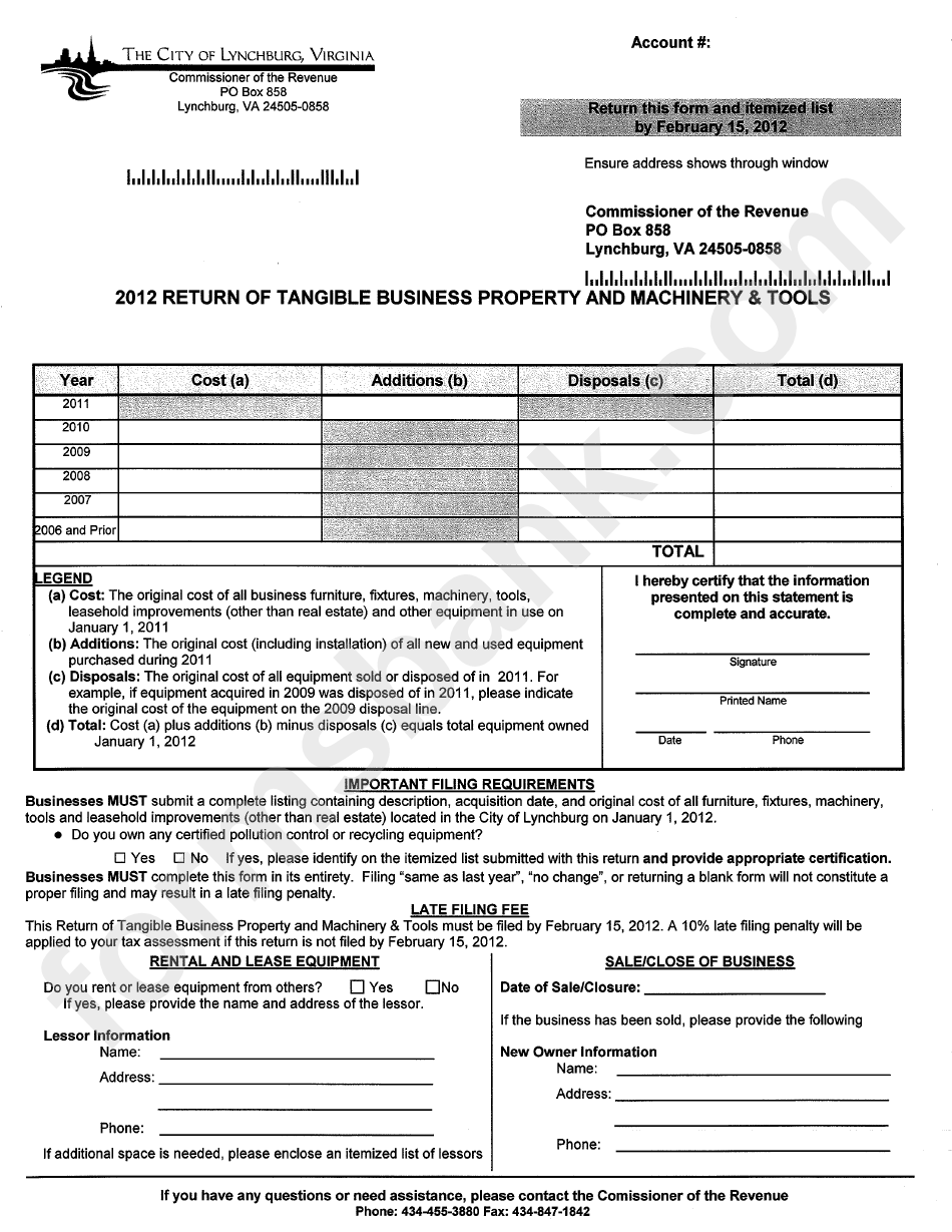 2012 Return Of Tangible Business Property And Machinery & Tools Form