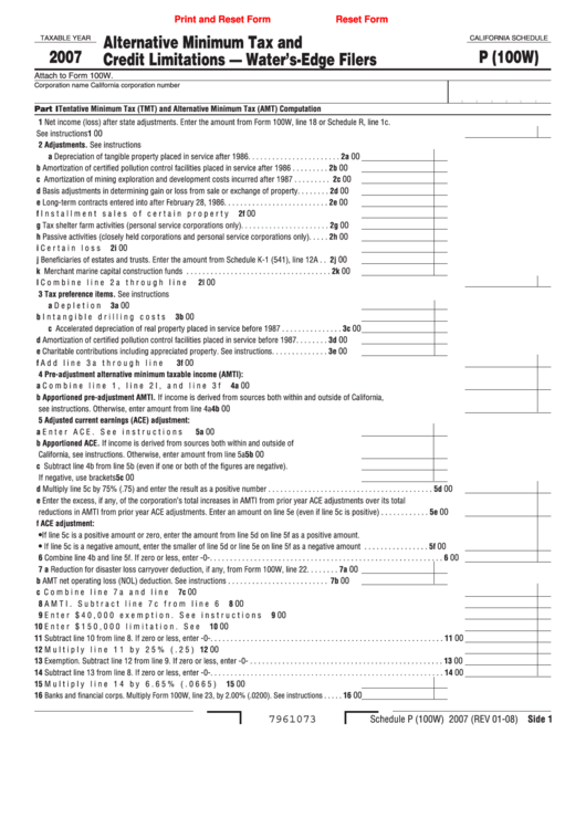 Fillable California Schedule P (100w) Attach To Form 100w