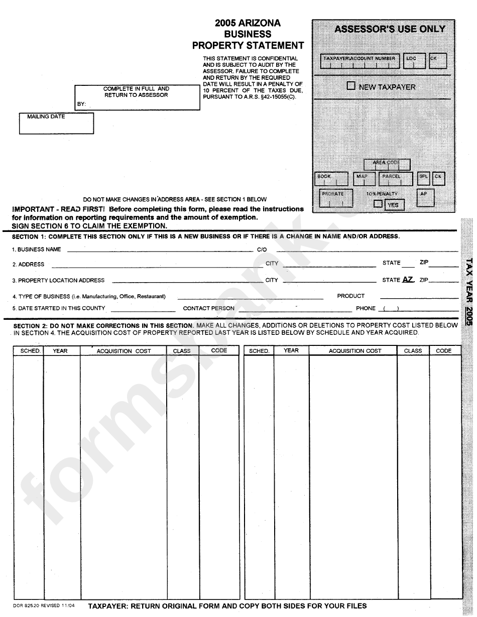 2005 Arizona Business Property Statement Form printable pdf download