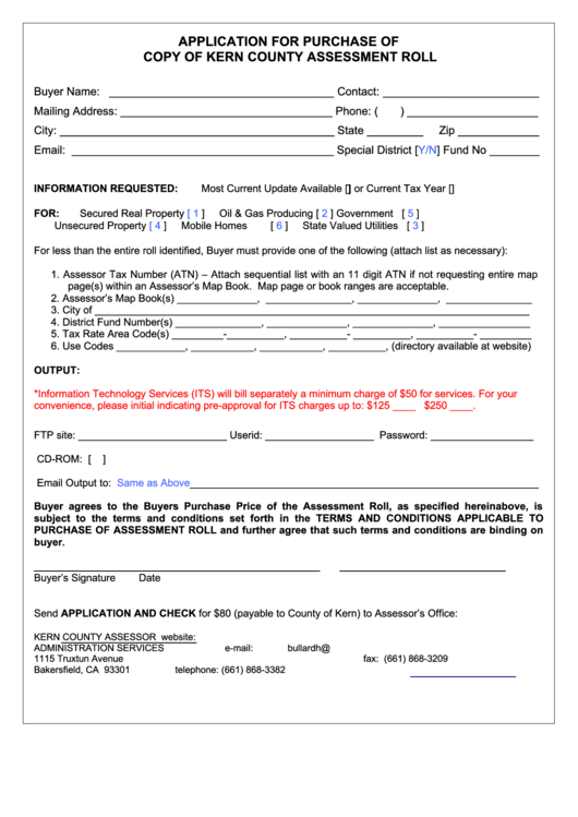 Application For Purchase Of Copy Of Kern County Assessment Roll
