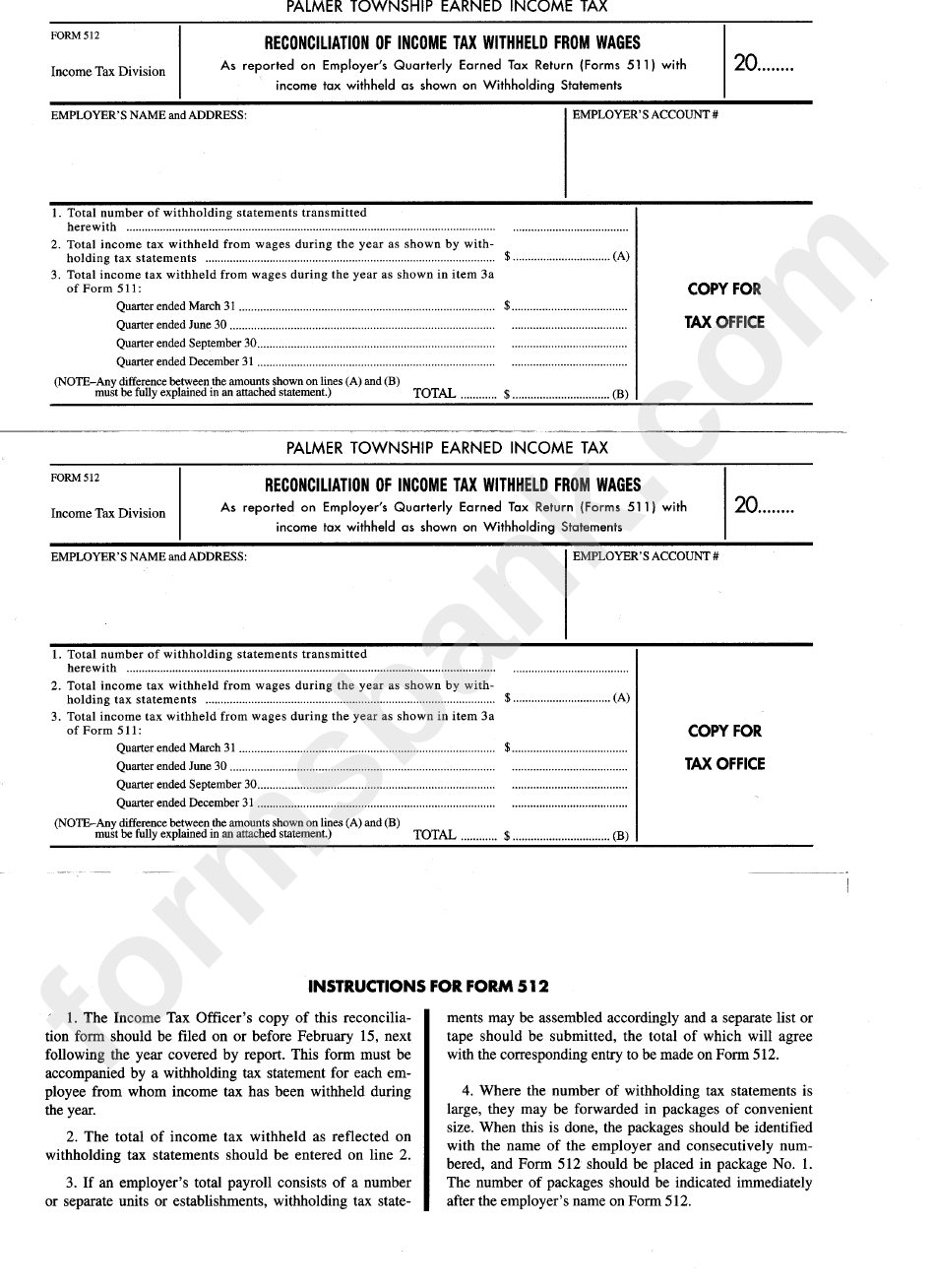 Form 512 Reconciliation Of Tax Withheld From Wages Palmer Township printable pdf download
