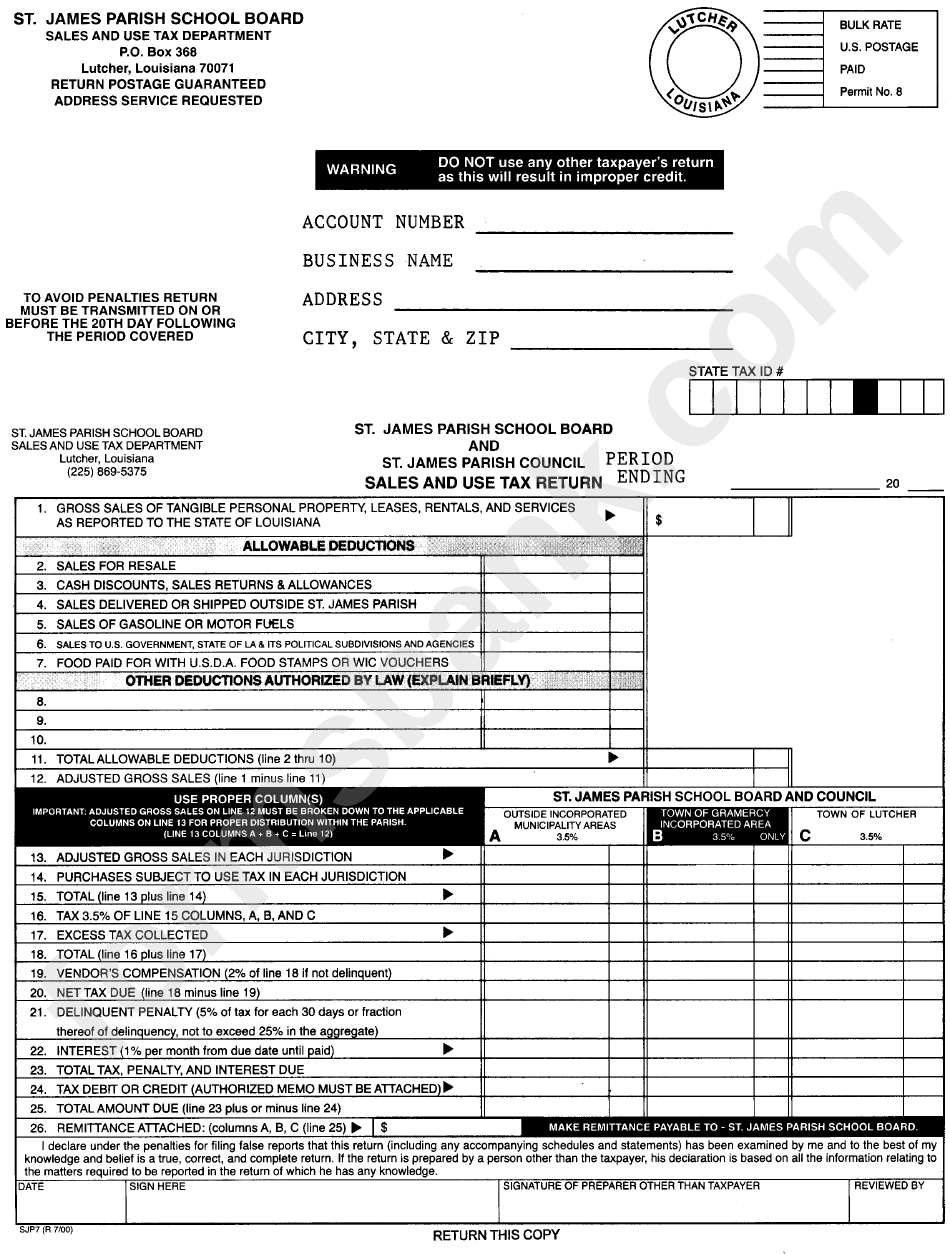 Form Sjp7 Sales And Use Tax Return Form St. James Parish printable