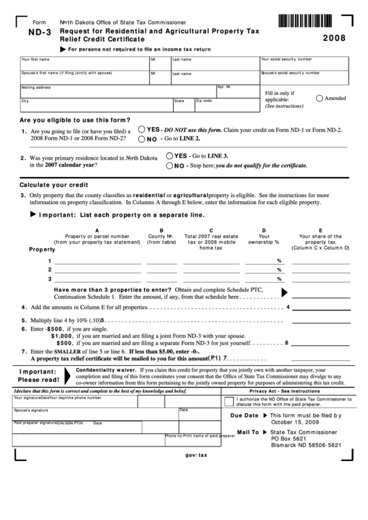 Fillable Form Nd3 Request For Residential And Agricultural Property