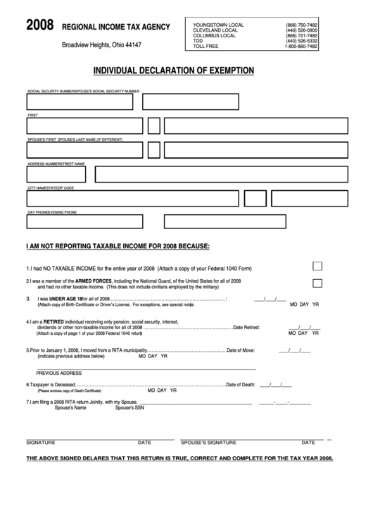 Individual Declaration Of Exemption Form Broadview Heights 2008 printable pdf download