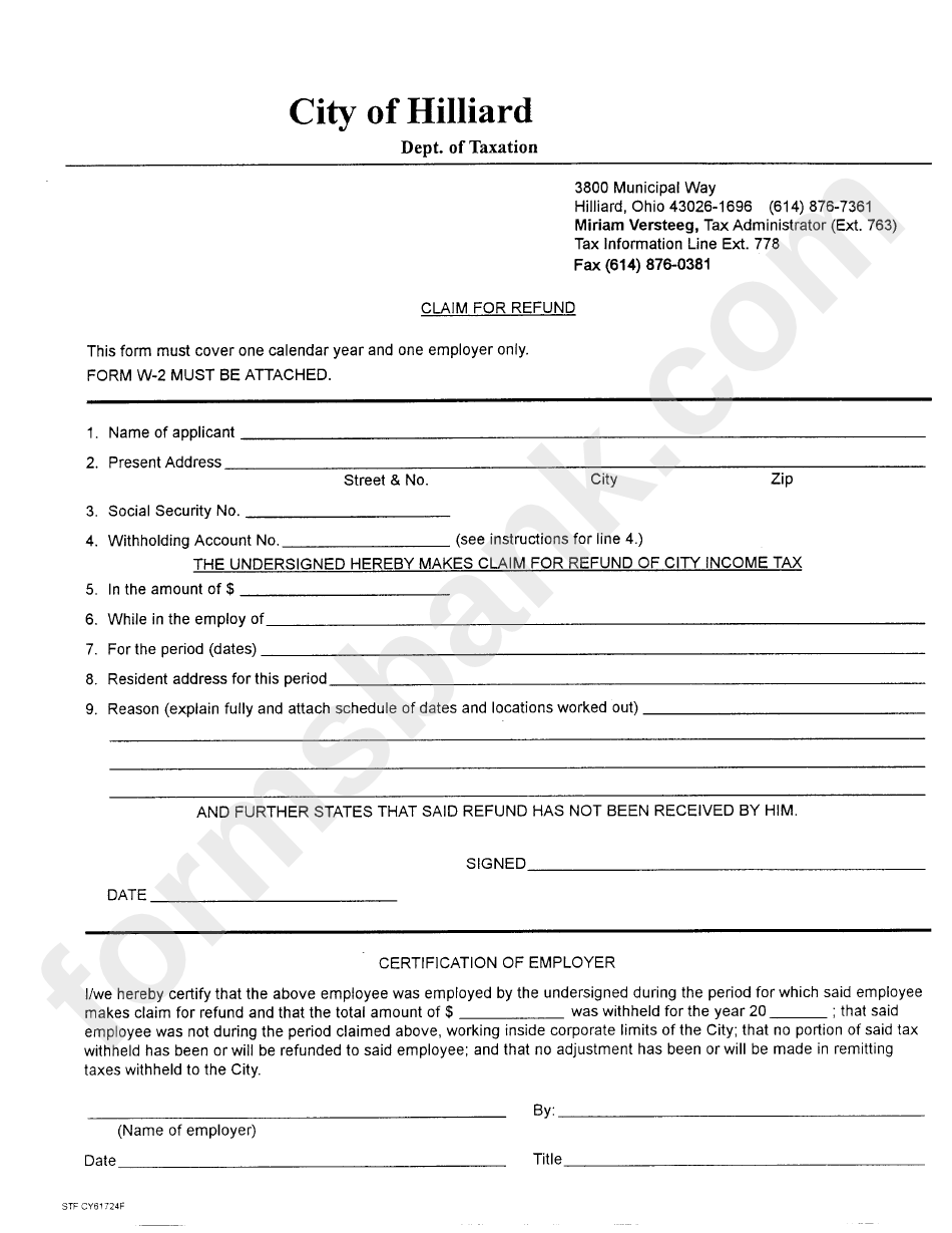 Claim For Refund City Of Hilliard Department Of Taxation printable