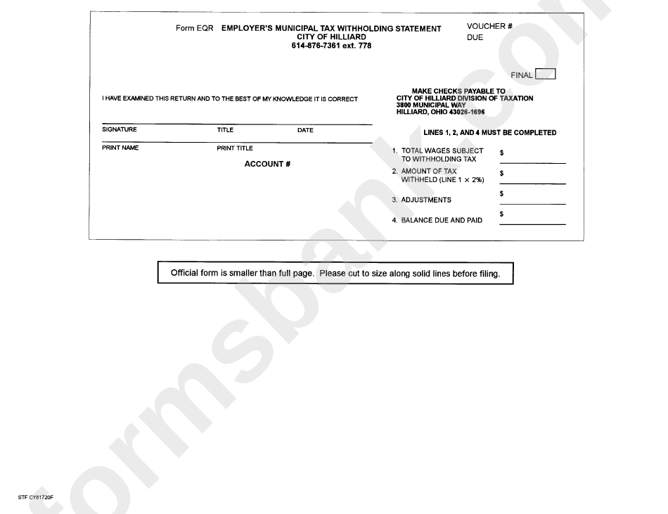 Form Eqr Employer'S Municipal Tax Withholding Statement City Of