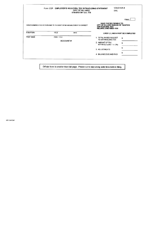 Form Eqr Employer'S Municipal Tax Withholding Statement City Of