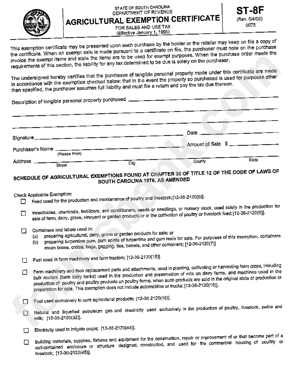 Form St8f Agricultural Exemption Certificate For Sales And Use Tax