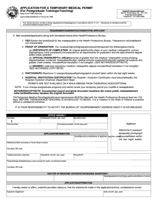 Fillable Form 17598 Application For A Temporary Medical Permit (For