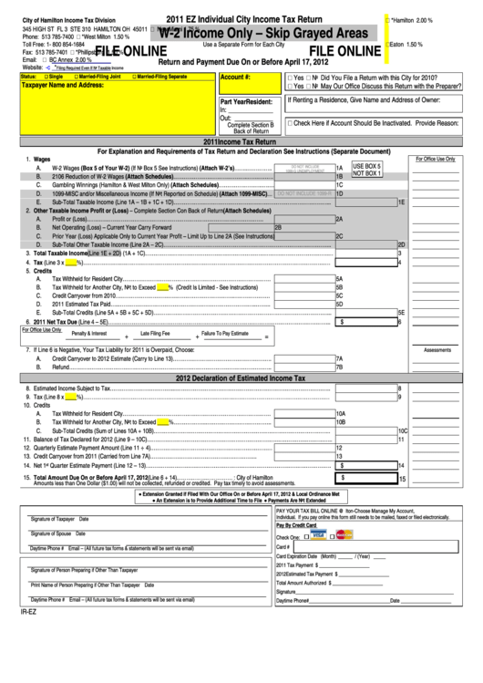 Form IrEz Individual City Tax Return 2011 printable pdf