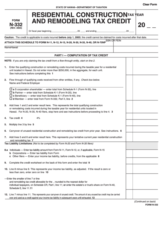 Fillable Form N332 Residential Construction And Remodeling Tax