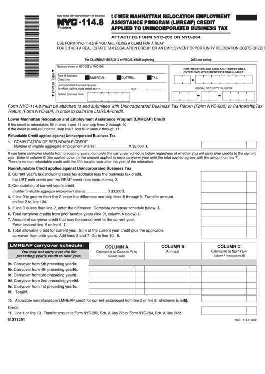 Form Nyc114.8 Lmreap Credit Applied To Unincorporated Business Tax