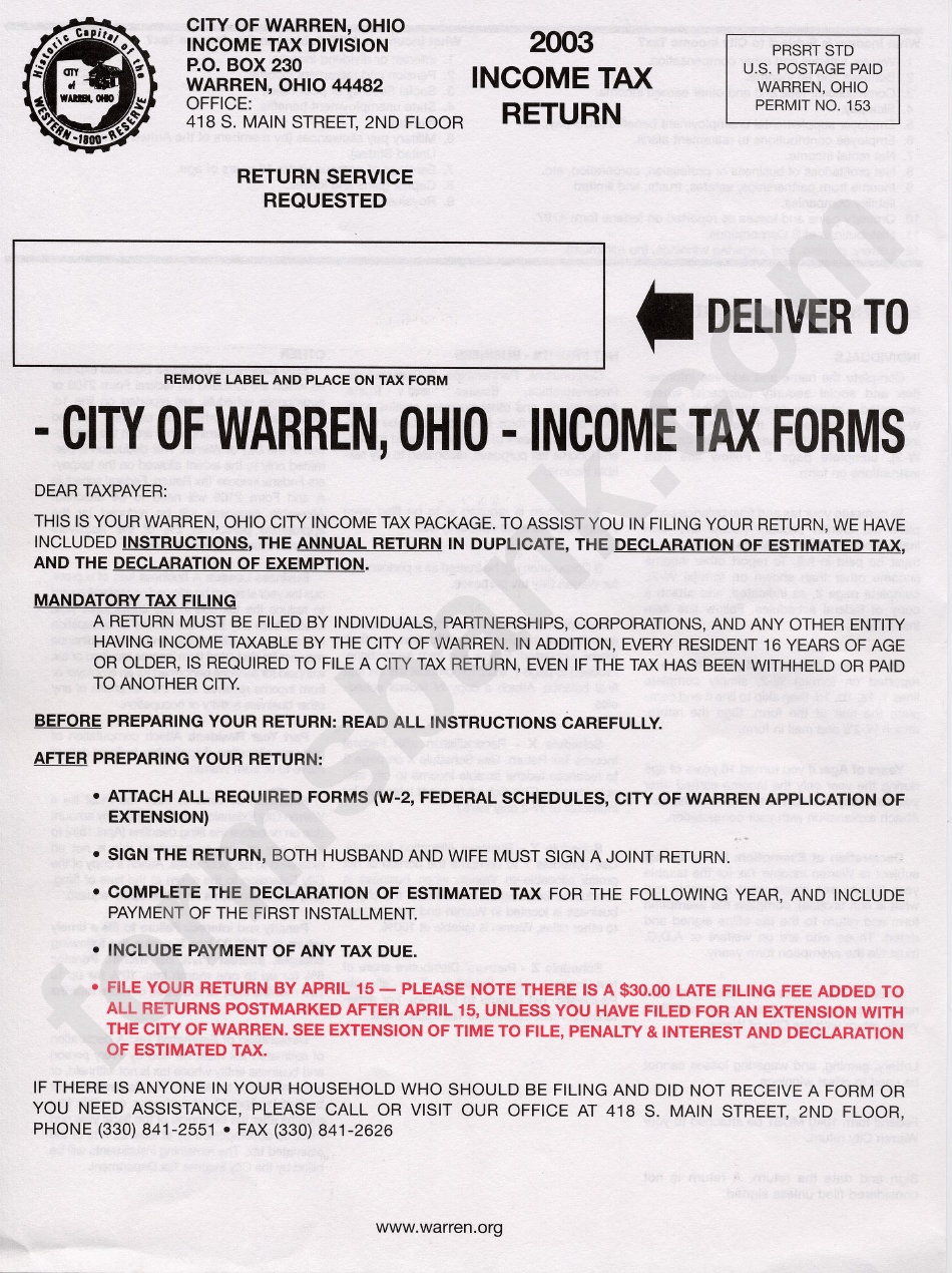 Tax Return City Of Warren, Ohio 2003 printable pdf download