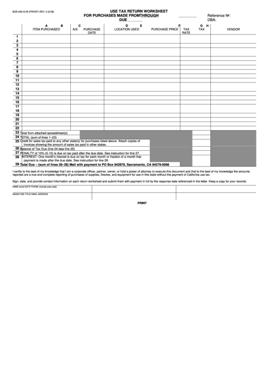 Fillable Form Boe403Clw Use Tax Return Worksheet For