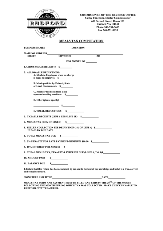 Meals Tax Computation Radford City Treasurer printable pdf download